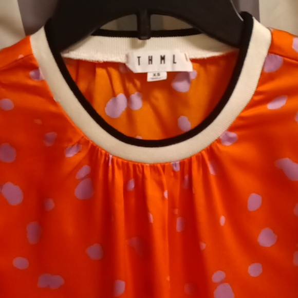 THML polyester orange/lavender splotched blouse w puffer sleeves/crewneck XS - Picture 9 of 11